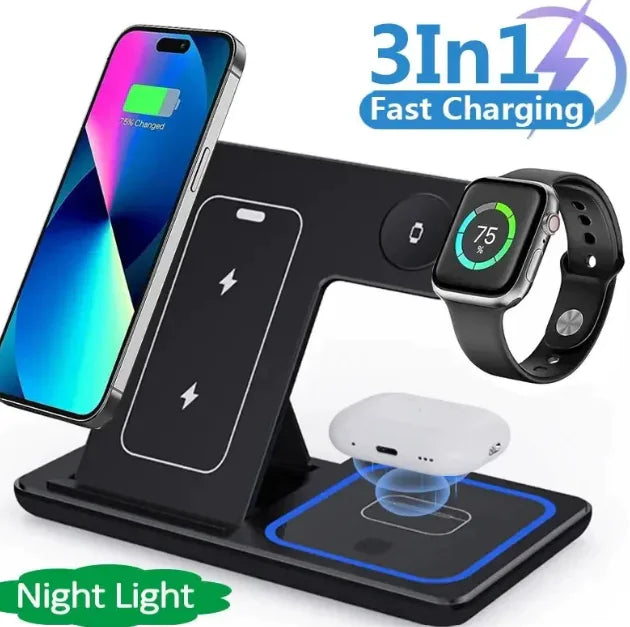 Fast Wireless Charger Stand for HOME AND OFFICE 15W 3 In 1 LED Foldable