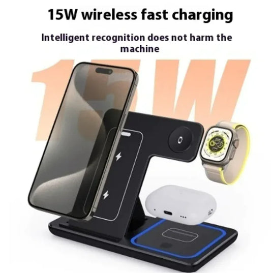 Fast Wireless Charger Stand for HOME AND OFFICE 15W 3 In 1 LED Foldable